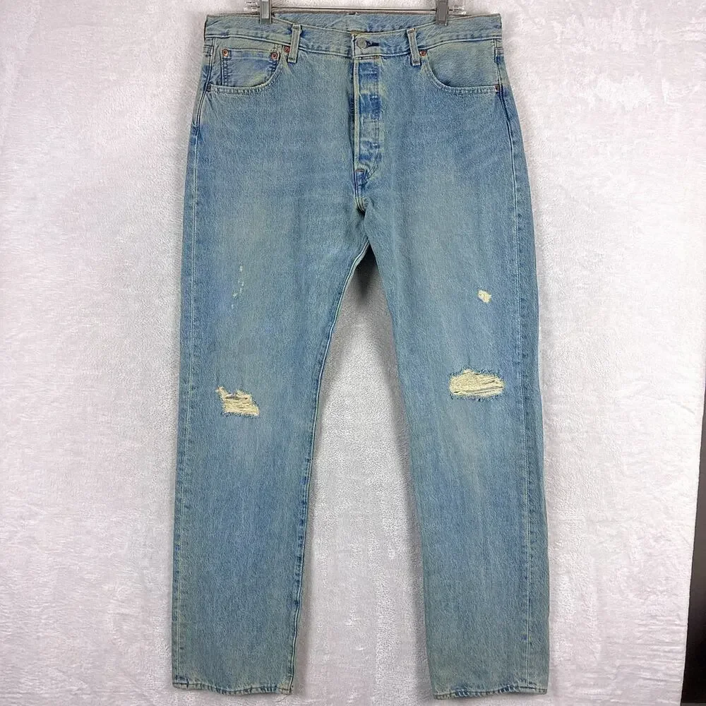 Levis 501 Jeans Mens 36x34 Faded Distressed Whiskered Button Fly Classic Preppy